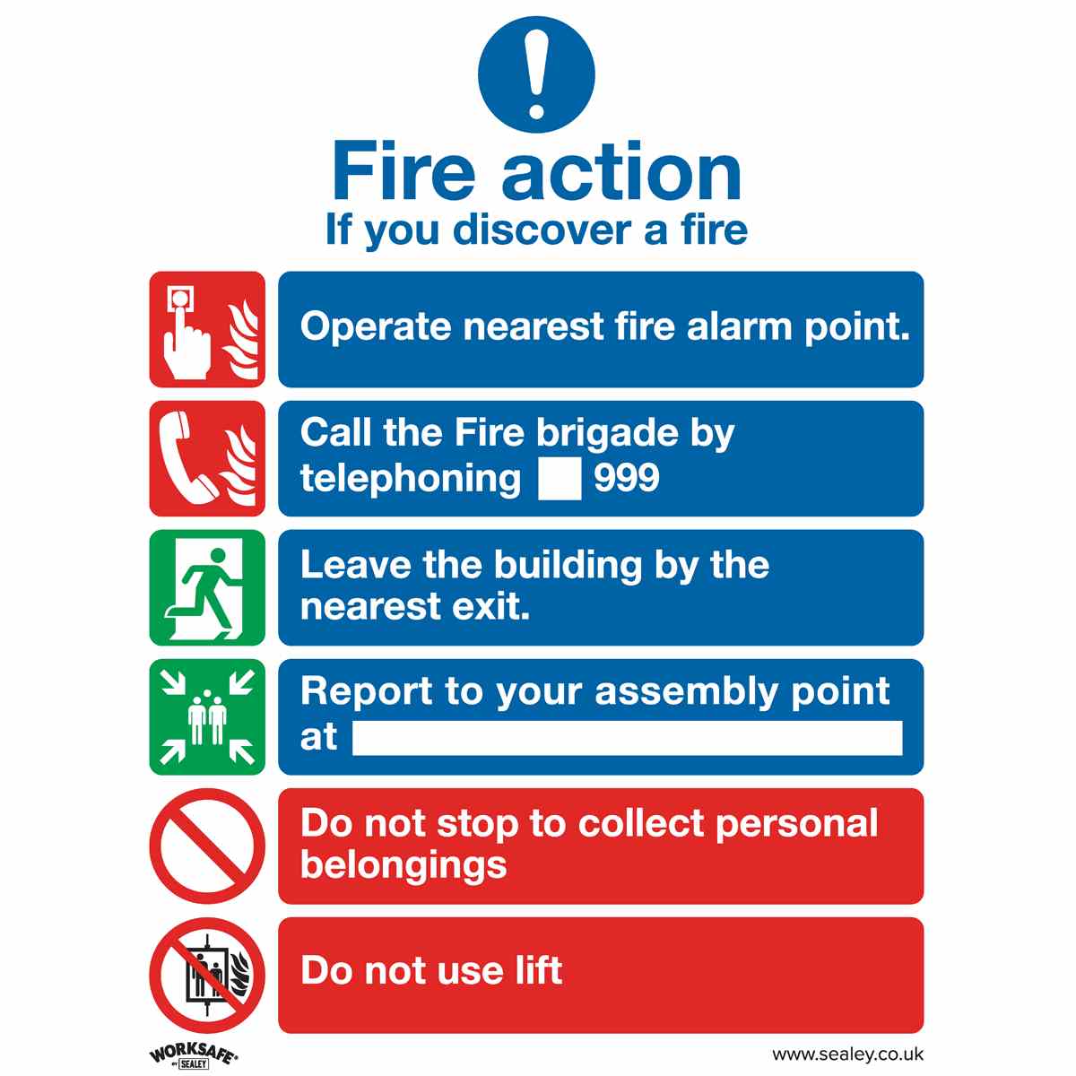 Safe Conditions Safety Sign - Fire Action With Lift - Rigid Plastic - Pack of 10